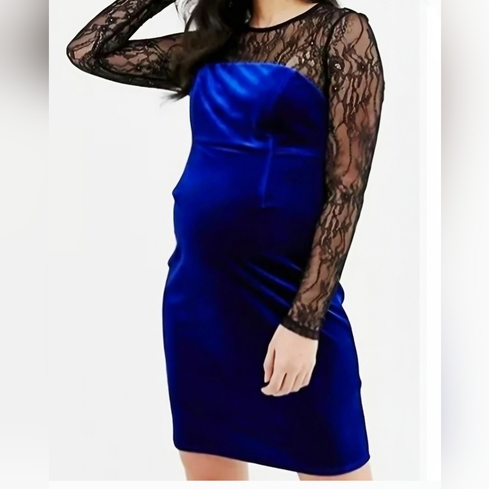 Black Lace & Blue Velvet Maternity Dress